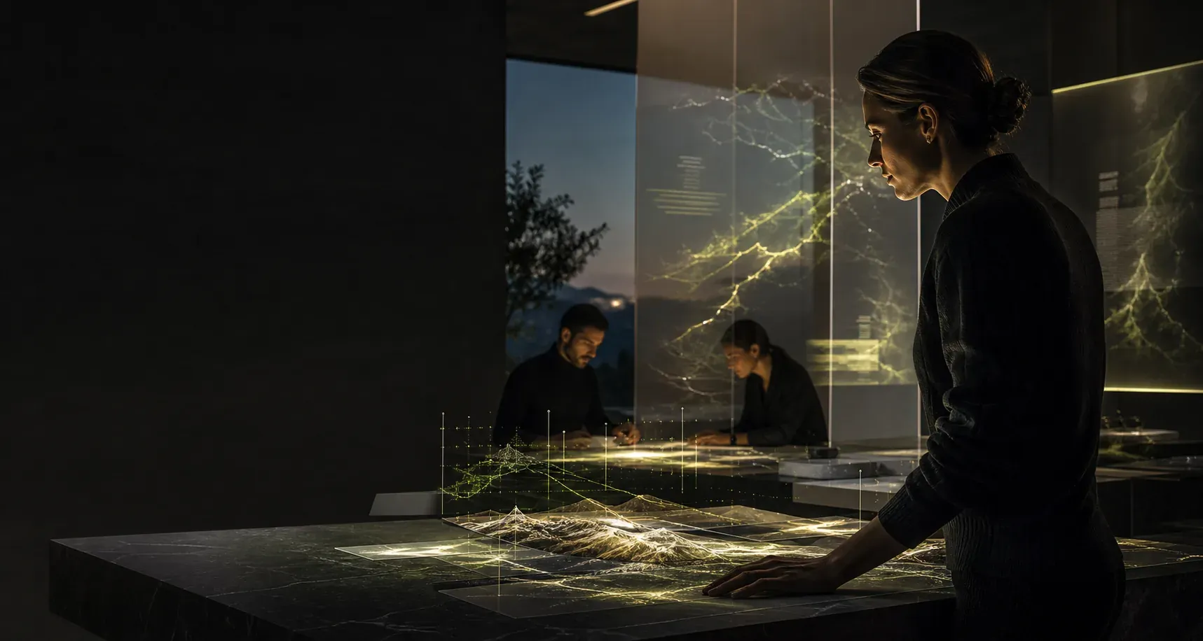 A strategy team working with an illuminated operational model in a dark architectural studio